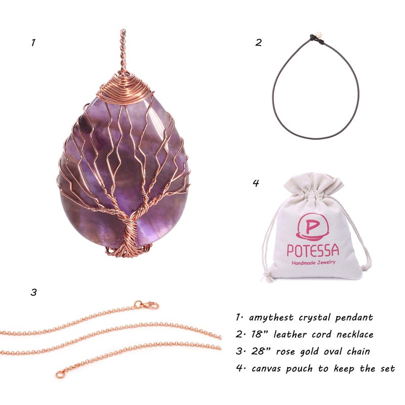 POTESSA Crystal Necklace Healing Amethyst Crystals Necklace Leather Cord Choker Chakra Gemstone Jewelry - Image 2